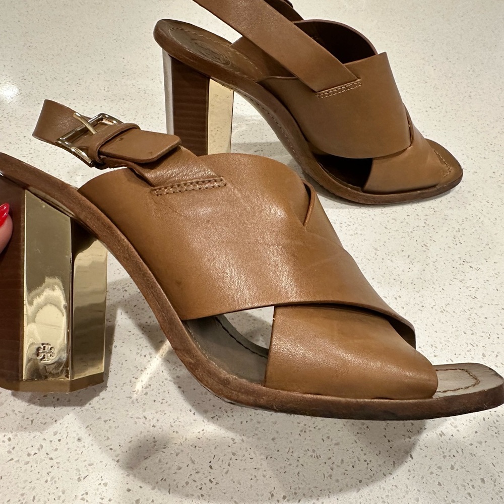 Tory Burch Brown Leather Heels with Gold Block Heel